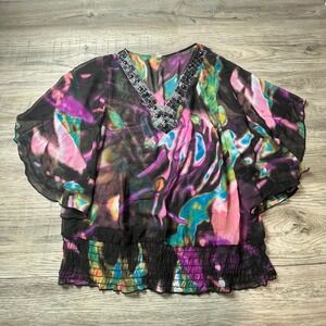 Studio Y Blouse Womens Large Black Pink Abstract Beaded V-Neck Smocked Boho Top